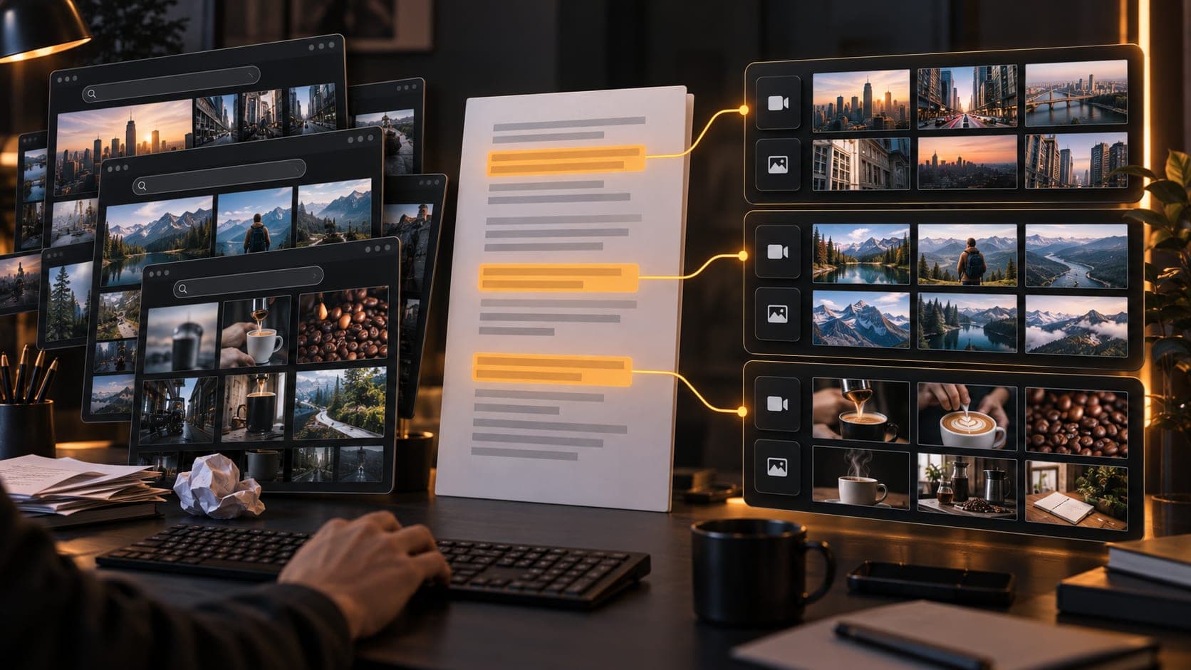 A script moving from manual stock searches to organized scene-based B-roll sourcing