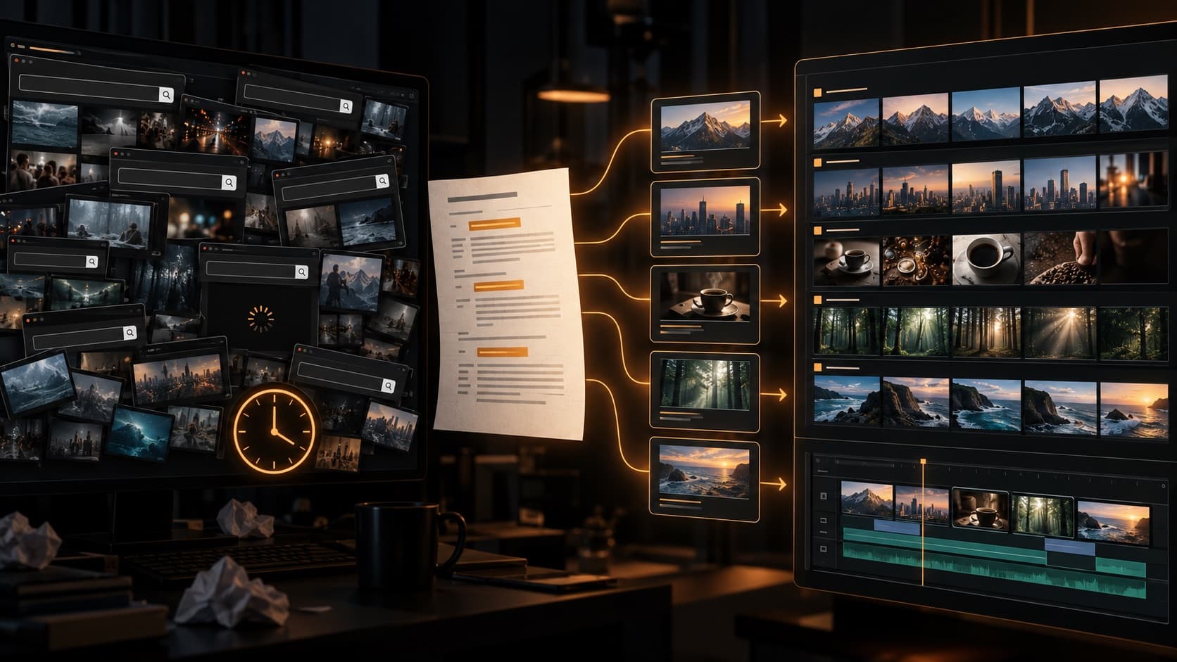 A cluttered manual stock video search becoming an organized script-to-footage workflow
